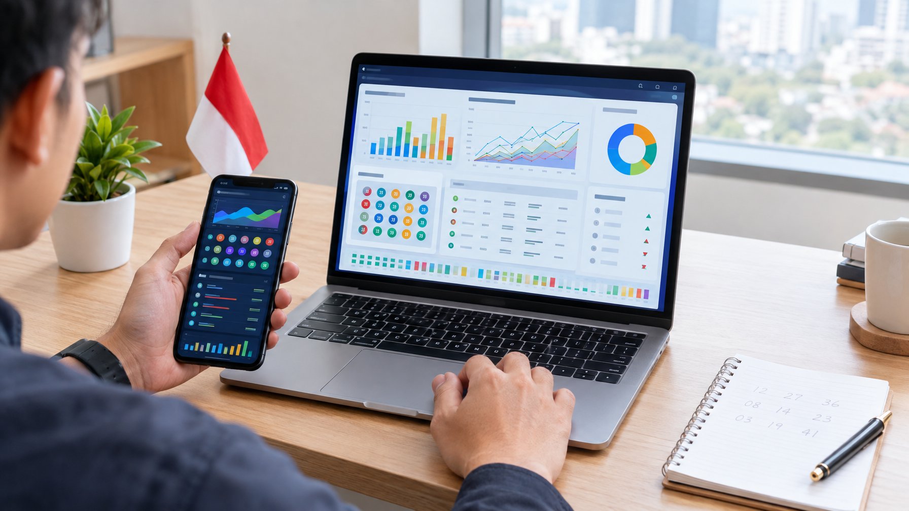 Seseorang melihat grafik dan angka pada laptop dan ponsel di meja kerja.