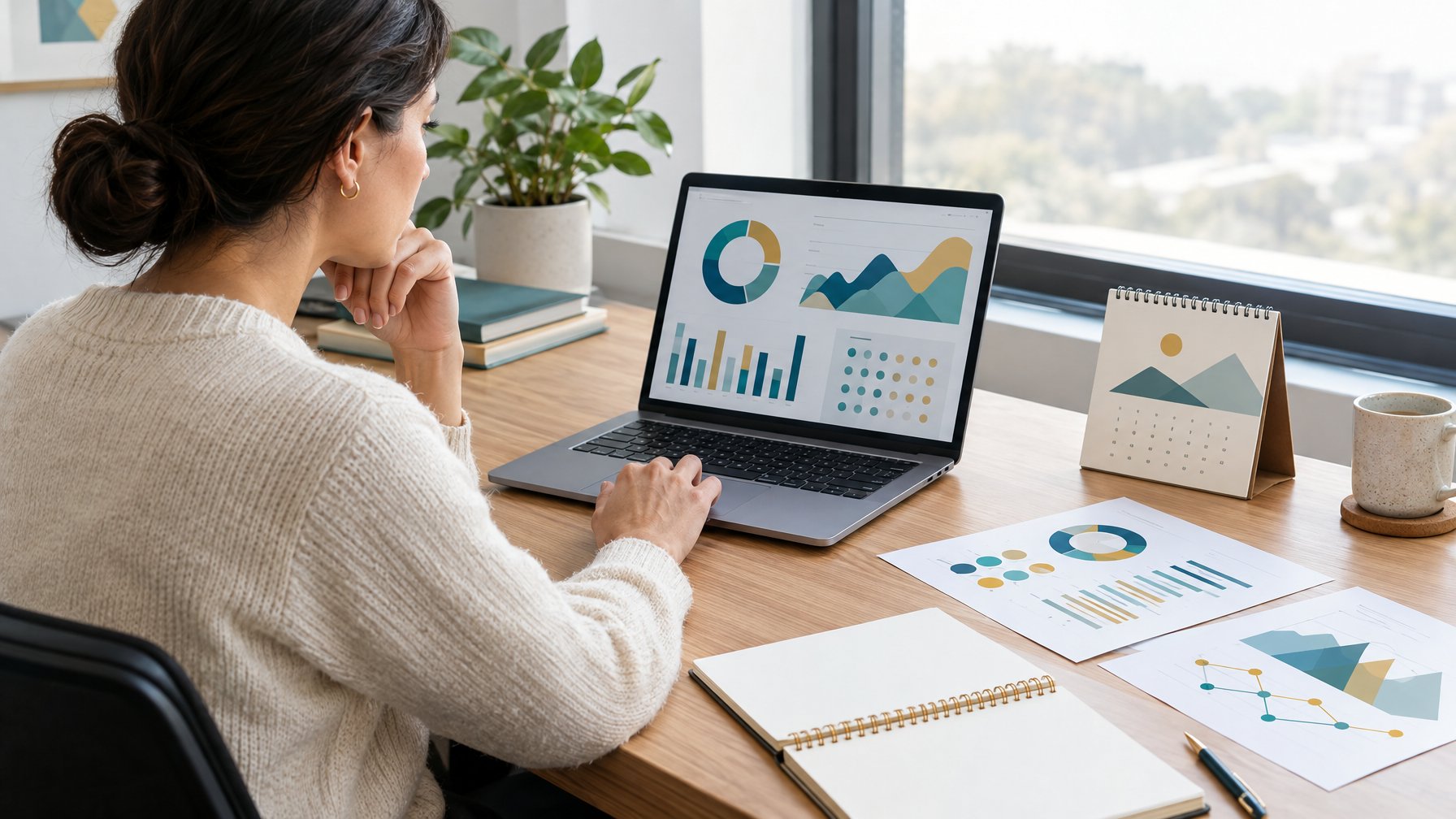 Seseorang meninjau visualisasi data abstrak di laptop pada meja kerja.