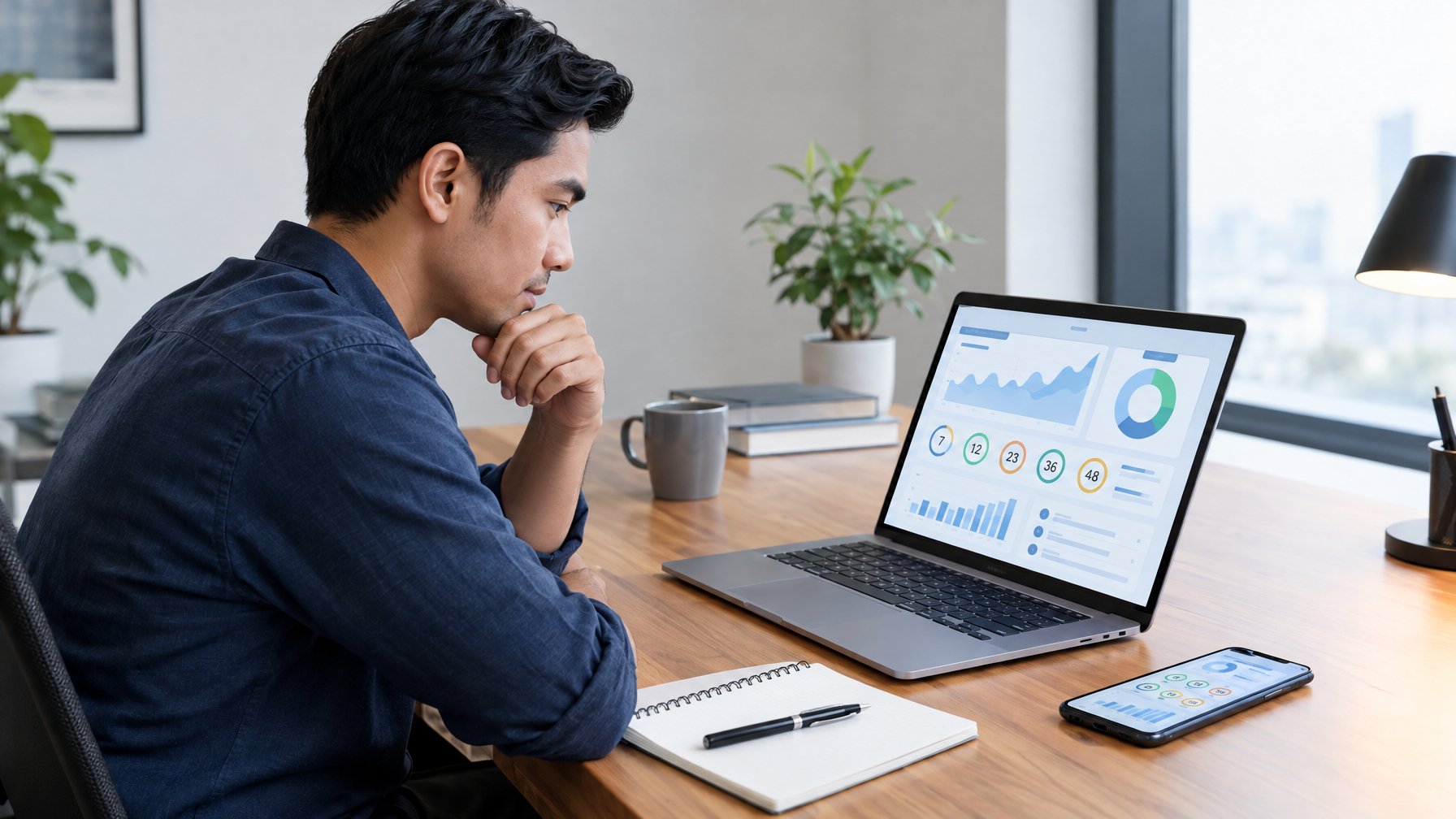 Seorang profesional memeriksa antarmuka digital di laptop dengan ponsel dan buku catatan di meja.