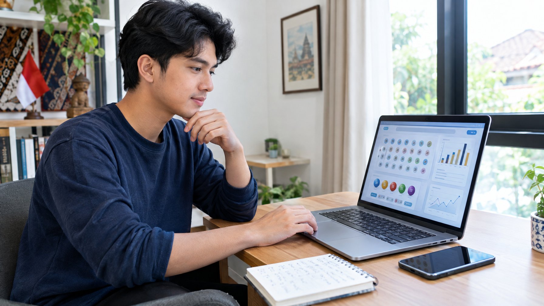 Seorang pemula mempelajari antarmuka angka di laptop di meja rumah.