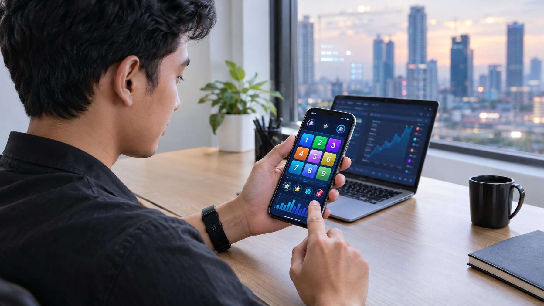 Seorang dewasa melihat permainan digital di ponsel di meja kerja.