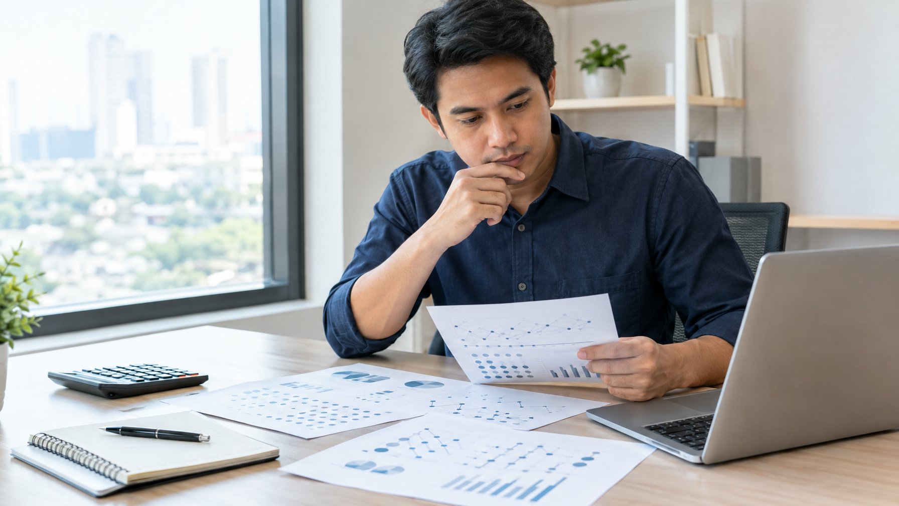 Seorang peneliti meninjau bagan dan data di meja kerja.