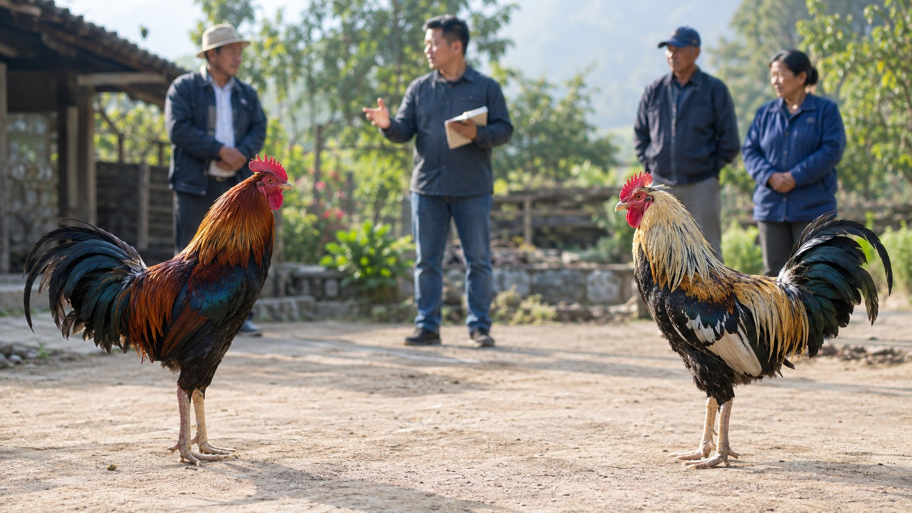 Dua ayam jantan berdiri terpisah di halaman pedesaan, sementara beberapa orang mengamati dari kejauhan.