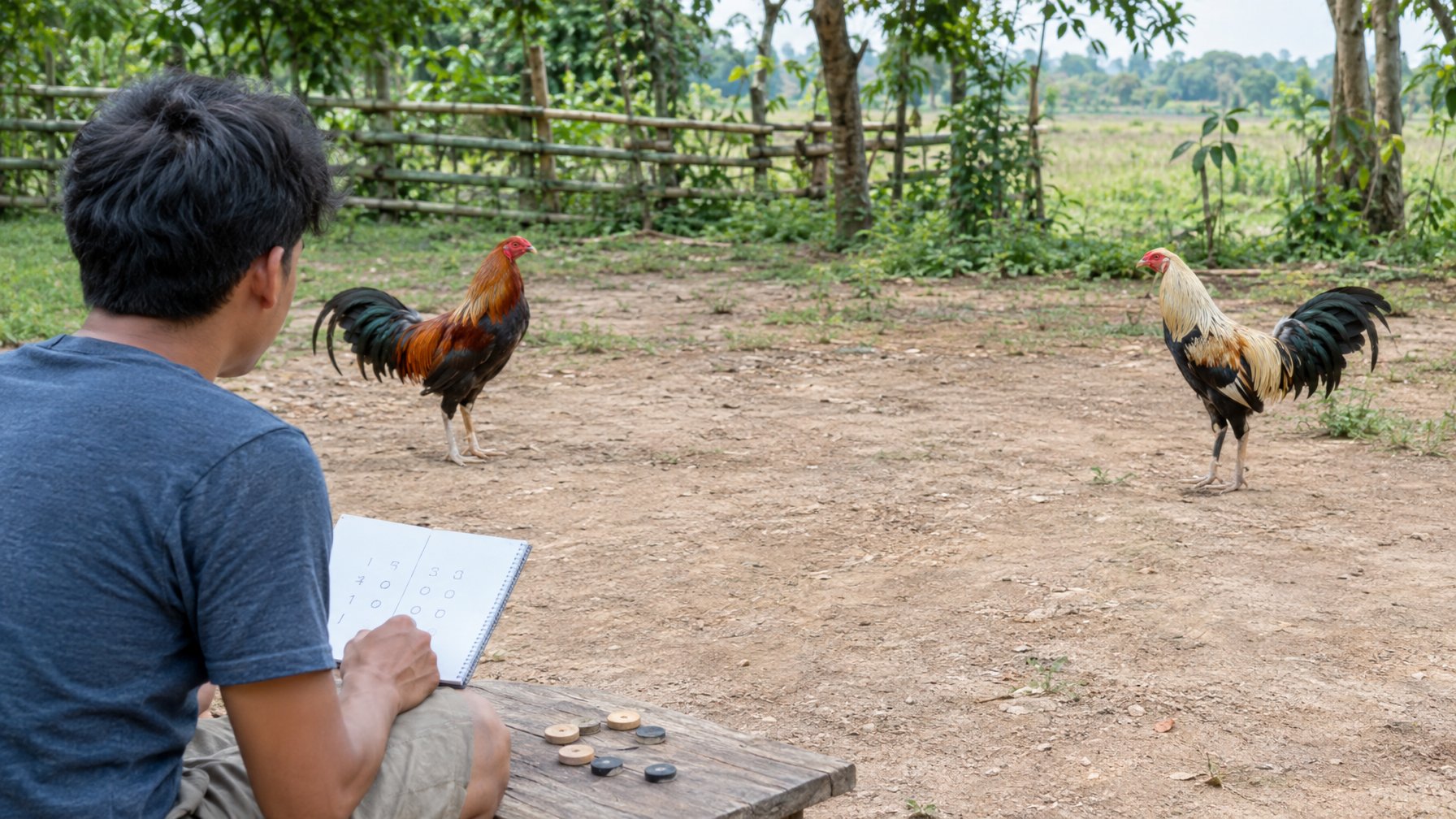 Seseorang mempelajari catatan di dekat dua ayam jantan di lingkungan pedesaan.