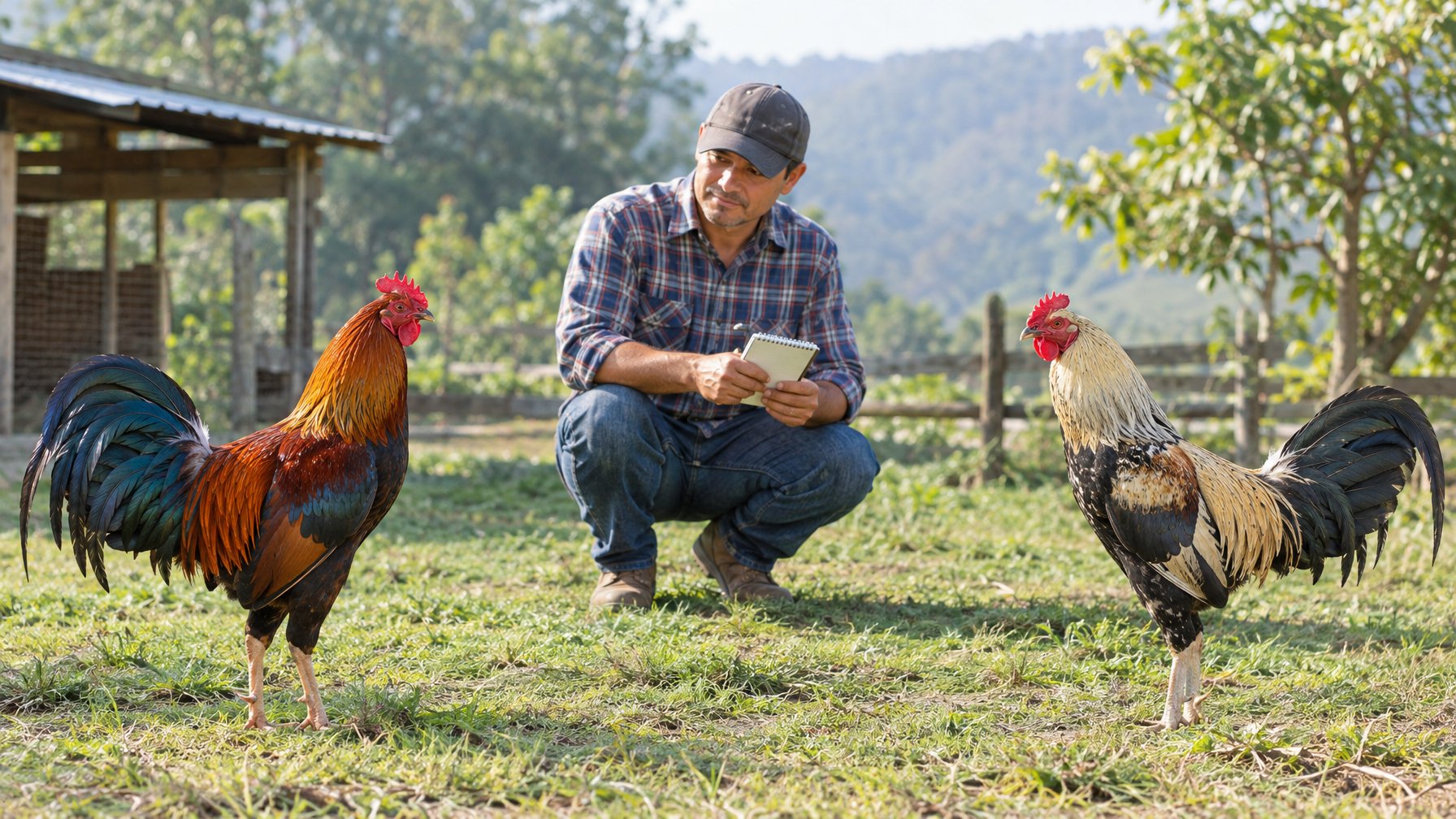 Seseorang mengamati dua ayam jantan di lingkungan pedesaan.