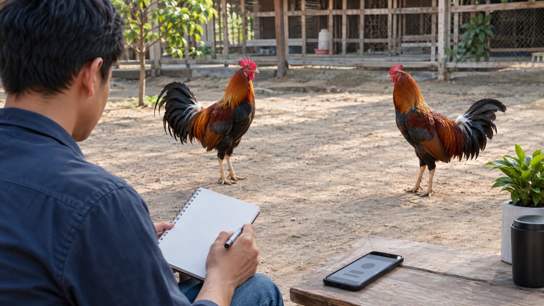 Seseorang mempelajari catatan sambil mengamati dua ayam jantan di halaman.