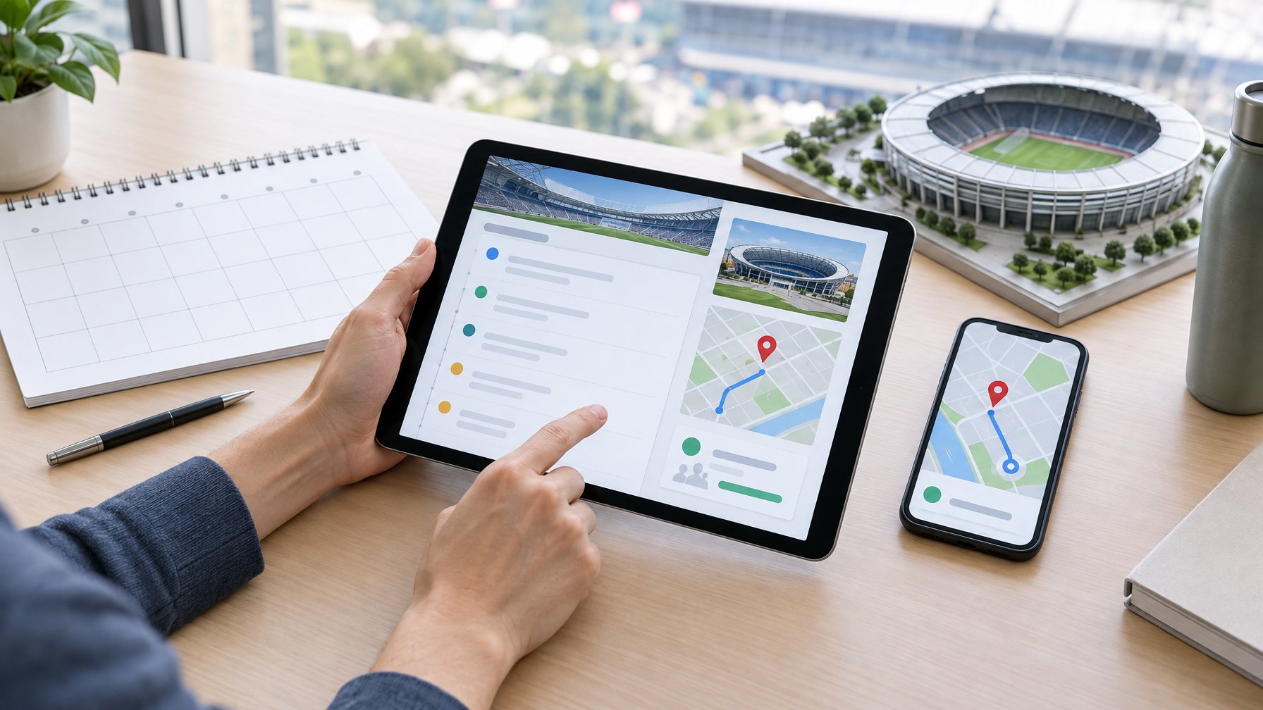 Seseorang memeriksa jadwal acara dan peta lokasi melalui tablet dan ponsel.