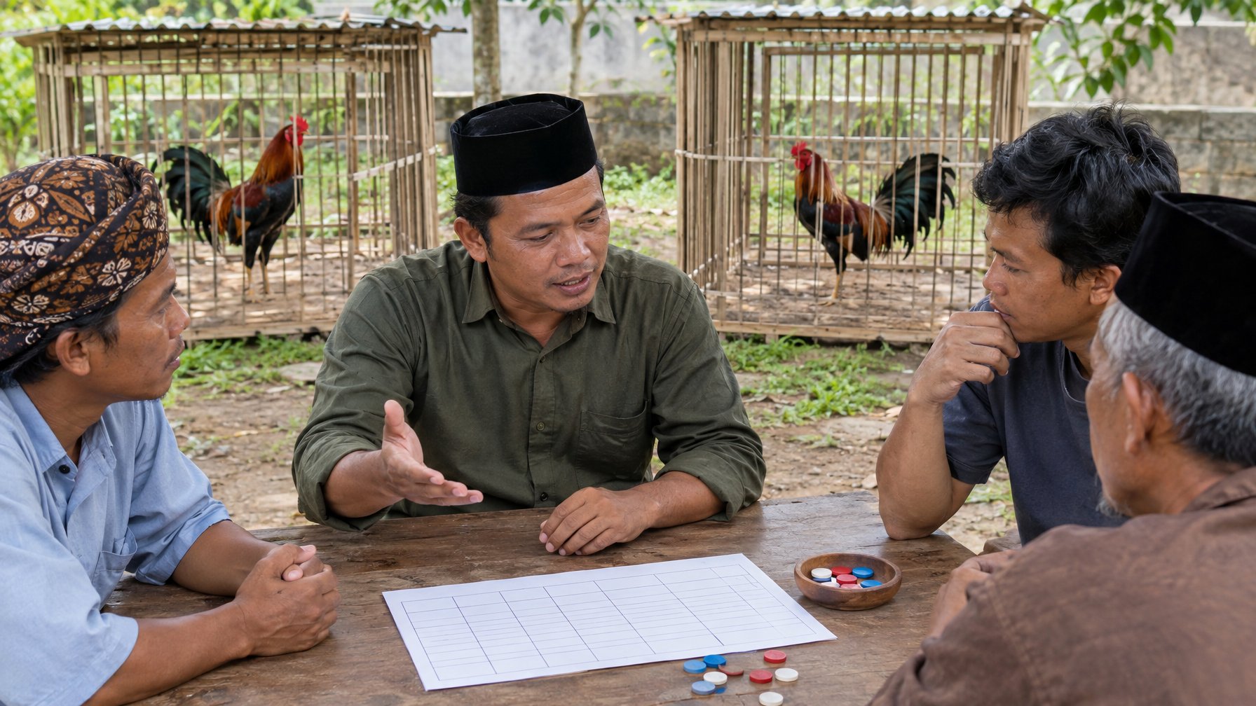 Beberapa orang berdiskusi di dekat kandang ayam jantan yang terpisah.
