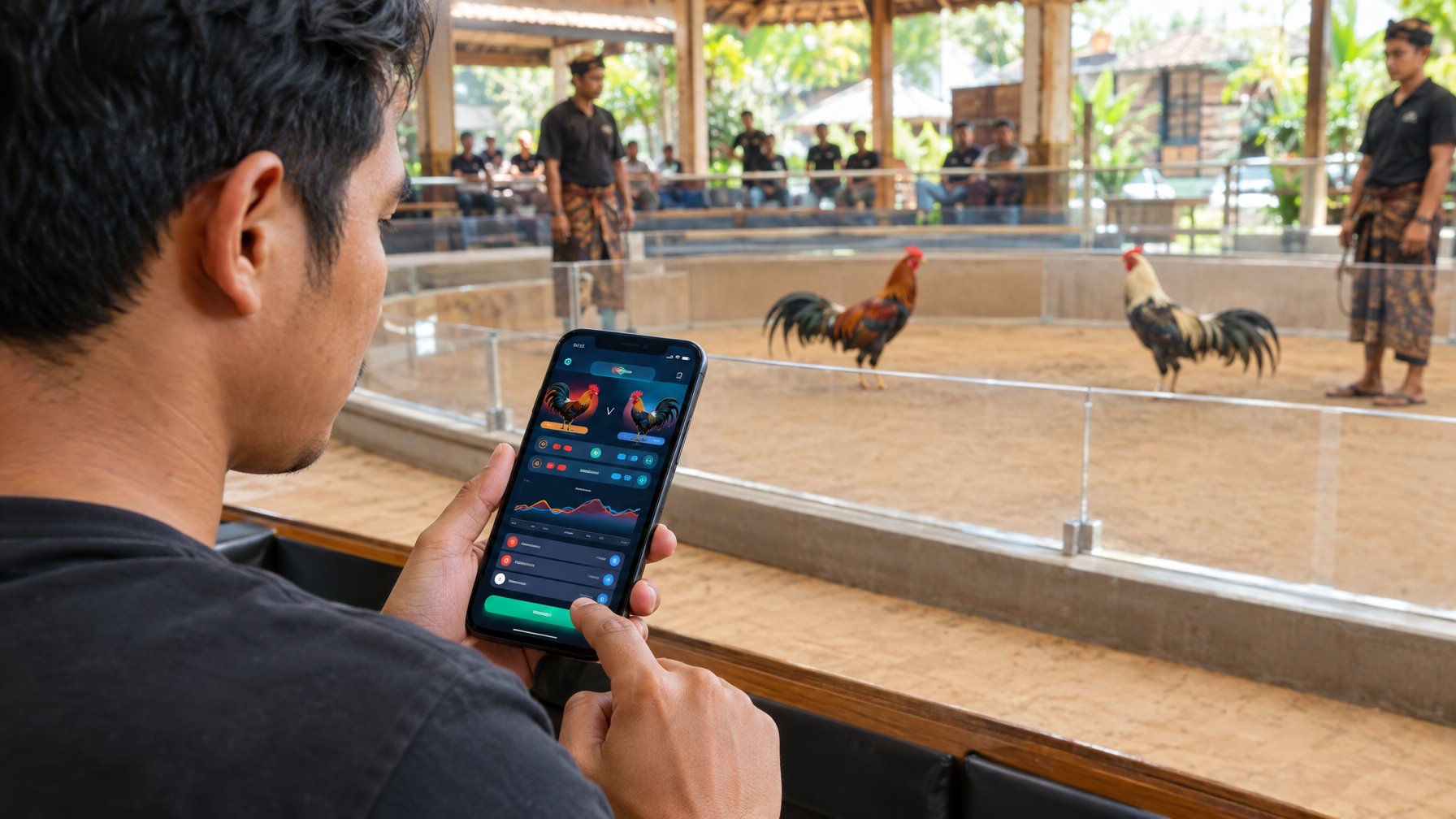 Seseorang melihat aplikasi taruhan di ponsel sementara dua ayam jantan berdiri terpisah di arena.