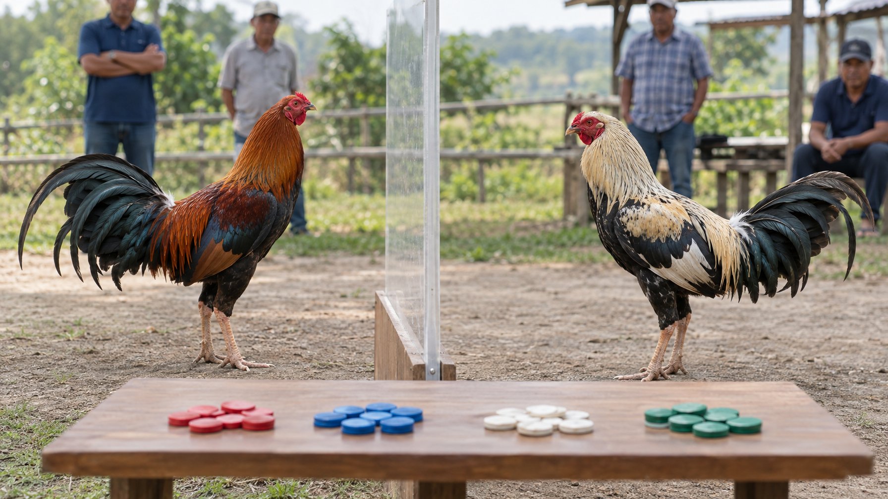Dua ayam jantan berdiri terpisah di area pedesaan, dengan beberapa orang mengamati dari kejauhan.
