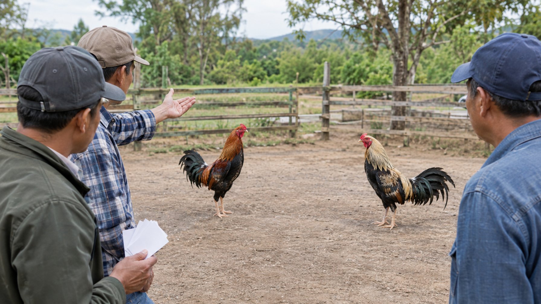 Dua ayam jantan berada di kandang terbuka sementara beberapa orang mengamatinya.
