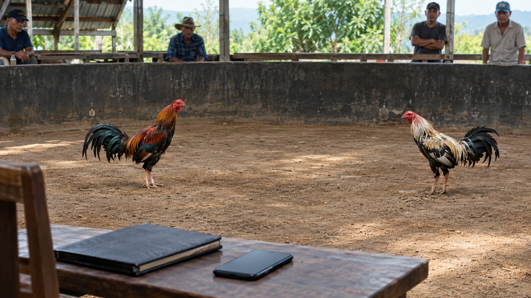 Dua ayam jantan berdiri terpisah di arena, sementara beberapa orang mengamati dari kejauhan.