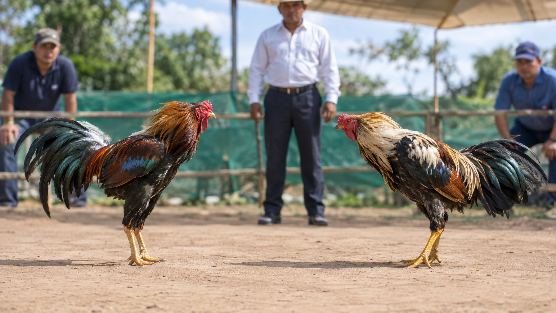 Dua ayam jantan berhadapan di arena terbuka, sementara beberapa orang mengamati.