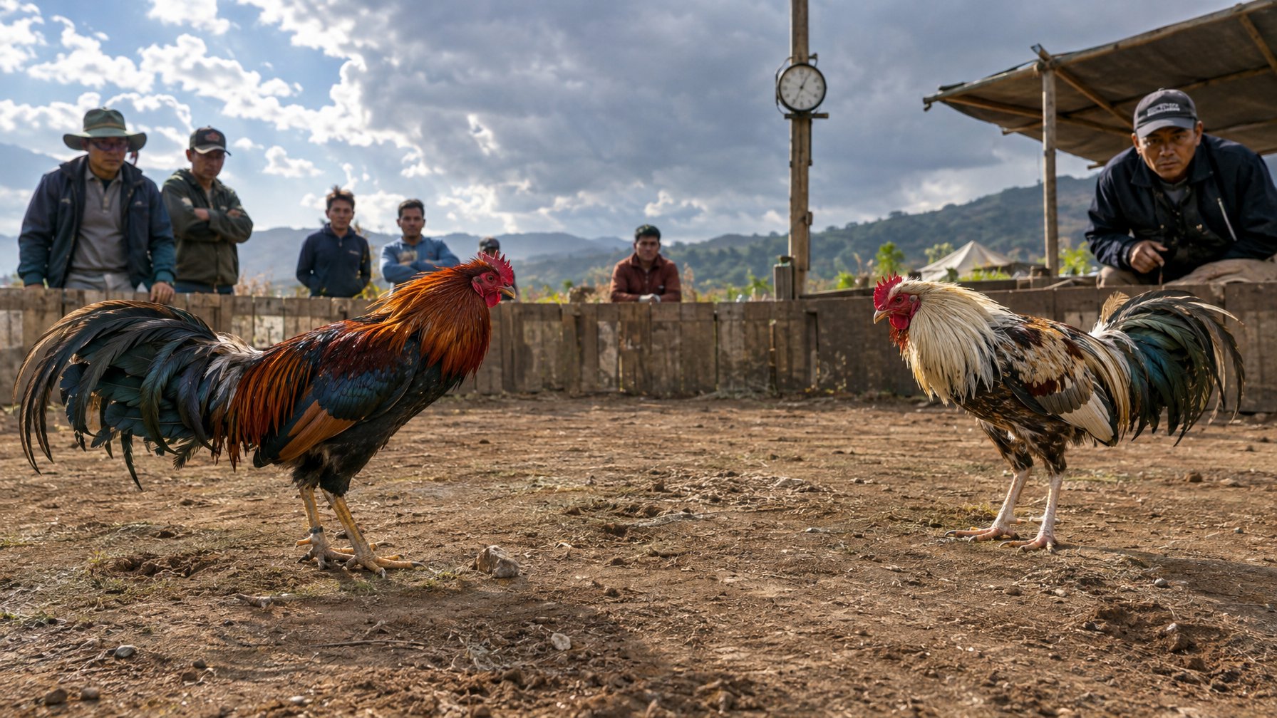 Dua ayam jantan berdiri berhadapan di arena sementara sejumlah penonton mengamati.