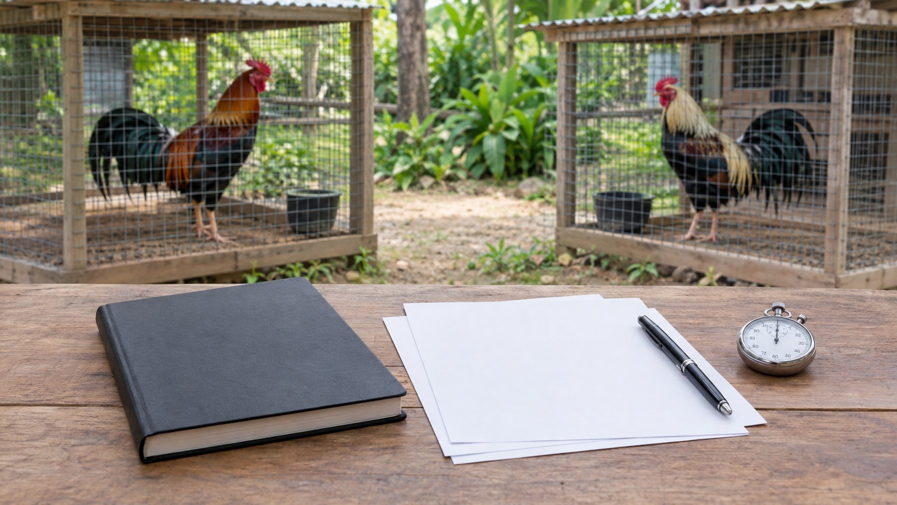 Buku catatan kosong dan stopwatch di dekat dua ayam jantan dalam kandang terpisah.