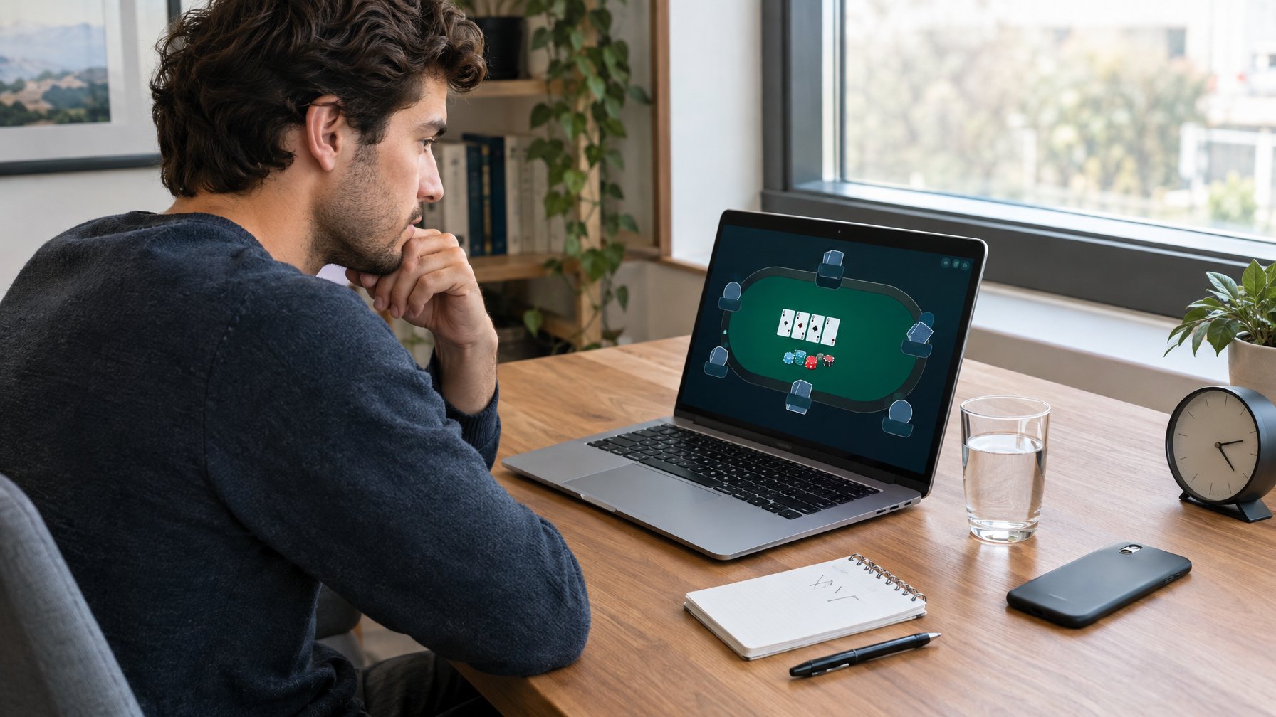 Seorang dewasa duduk di meja sambil melihat permainan poker di laptop.