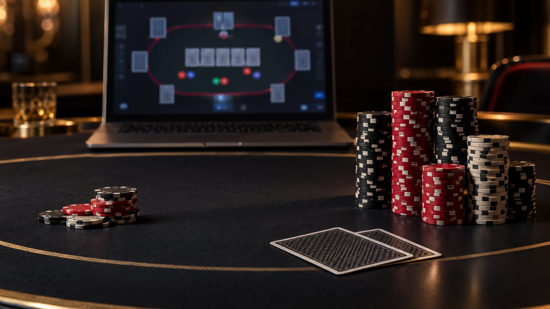 Kartu remi dan tumpukan keping poker di atas meja, dengan laptop di latar belakang.