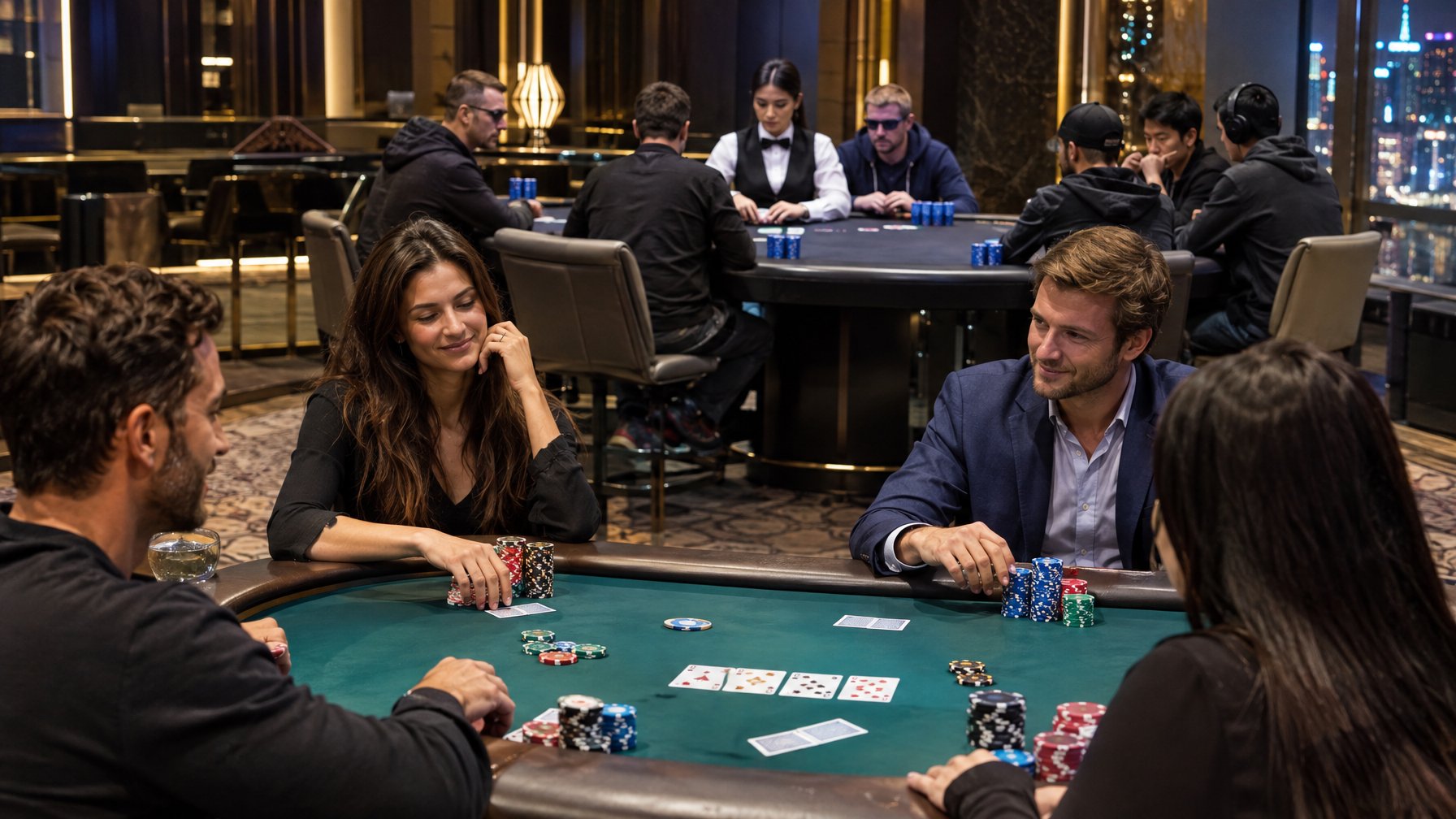 Pemain poker mengikuti permainan uang tunai dan turnamen di dua meja.