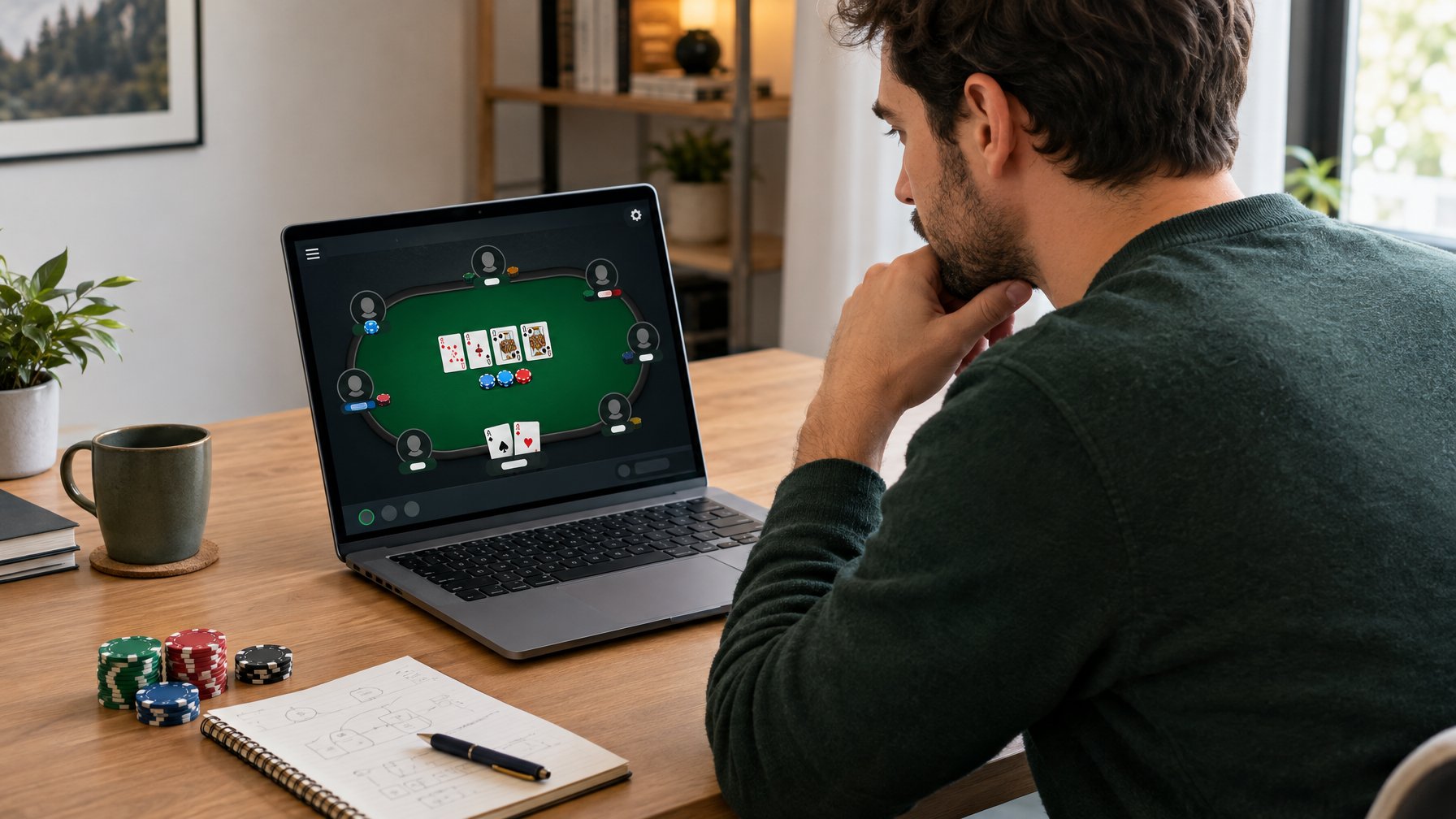 Seseorang mempelajari permainan poker daring di laptop dengan kartu dan keping poker di meja.