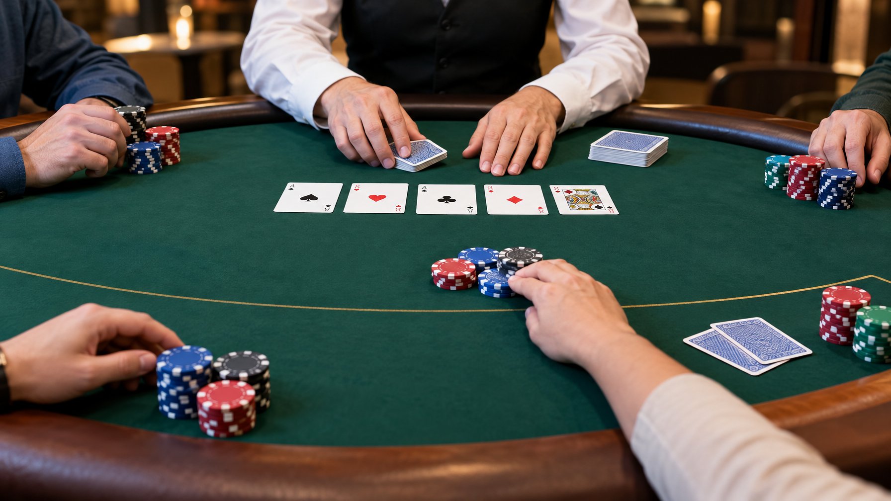 Tangan dealer mengatur kartu dan keping taruhan di meja poker hijau.