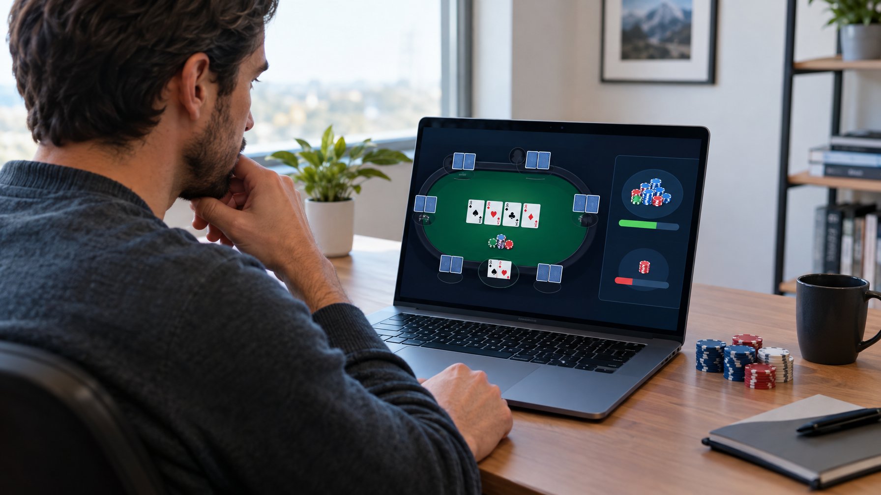 Seorang pemain poker mempelajari kartu dan tumpukan chip di depan laptop.