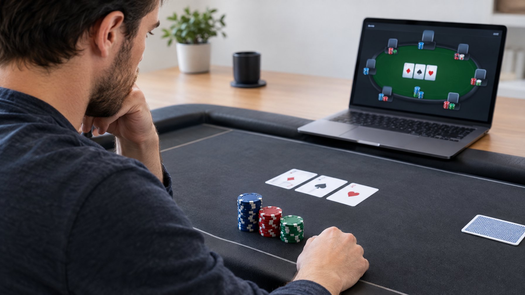 Seorang pemain poker mengamati kartu komunitas dan tumpukan chip di meja.