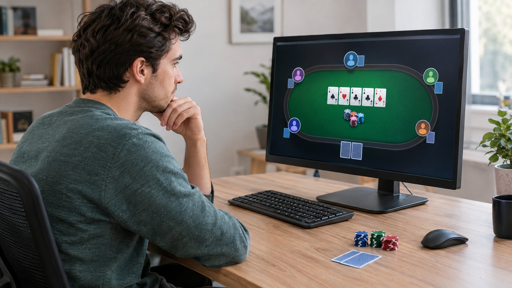 Seorang pemula mengamati permainan poker online di komputer dengan beberapa keping poker di meja.