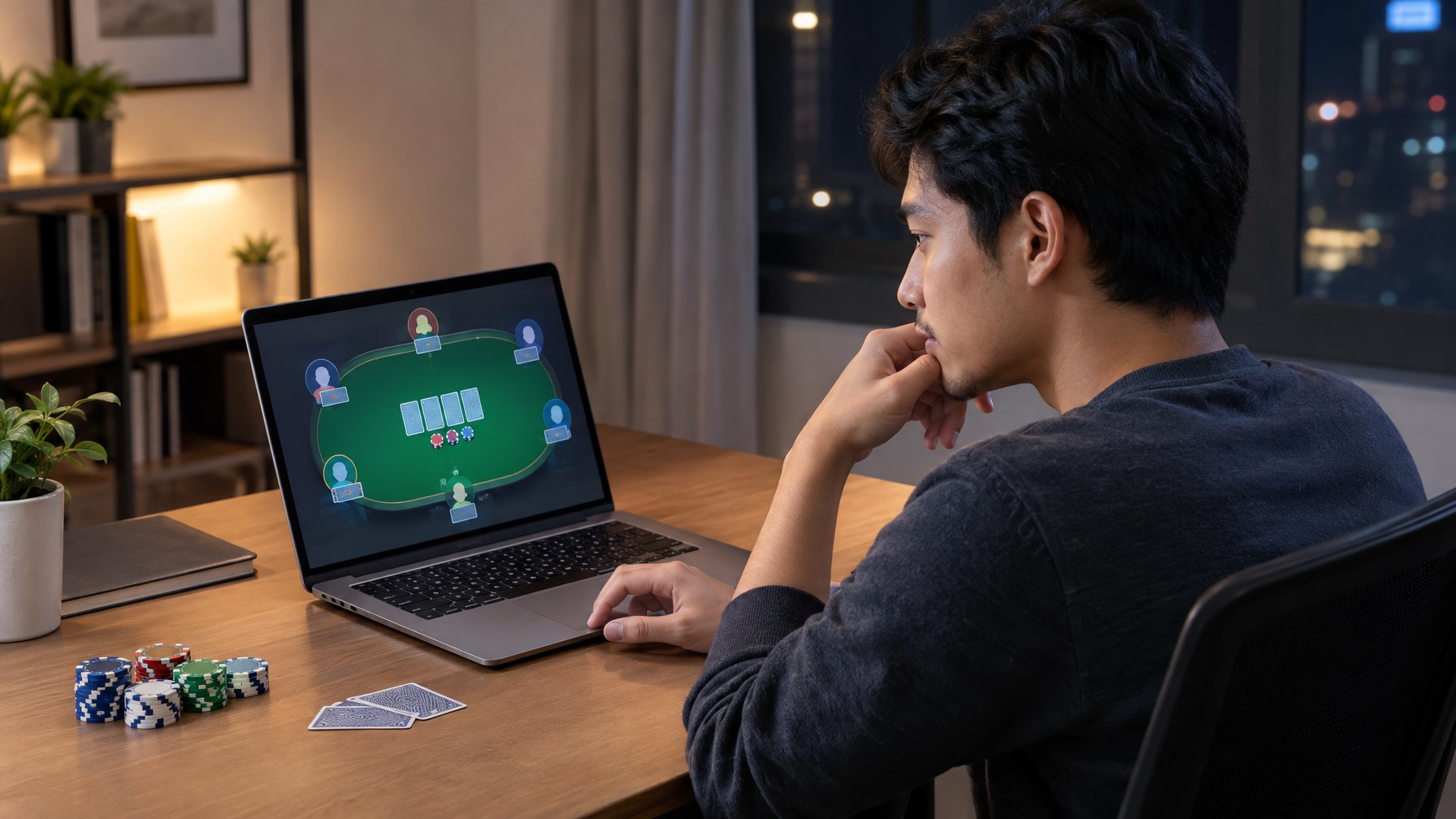Seorang pria mempertimbangkan langkah dalam permainan poker di laptop.