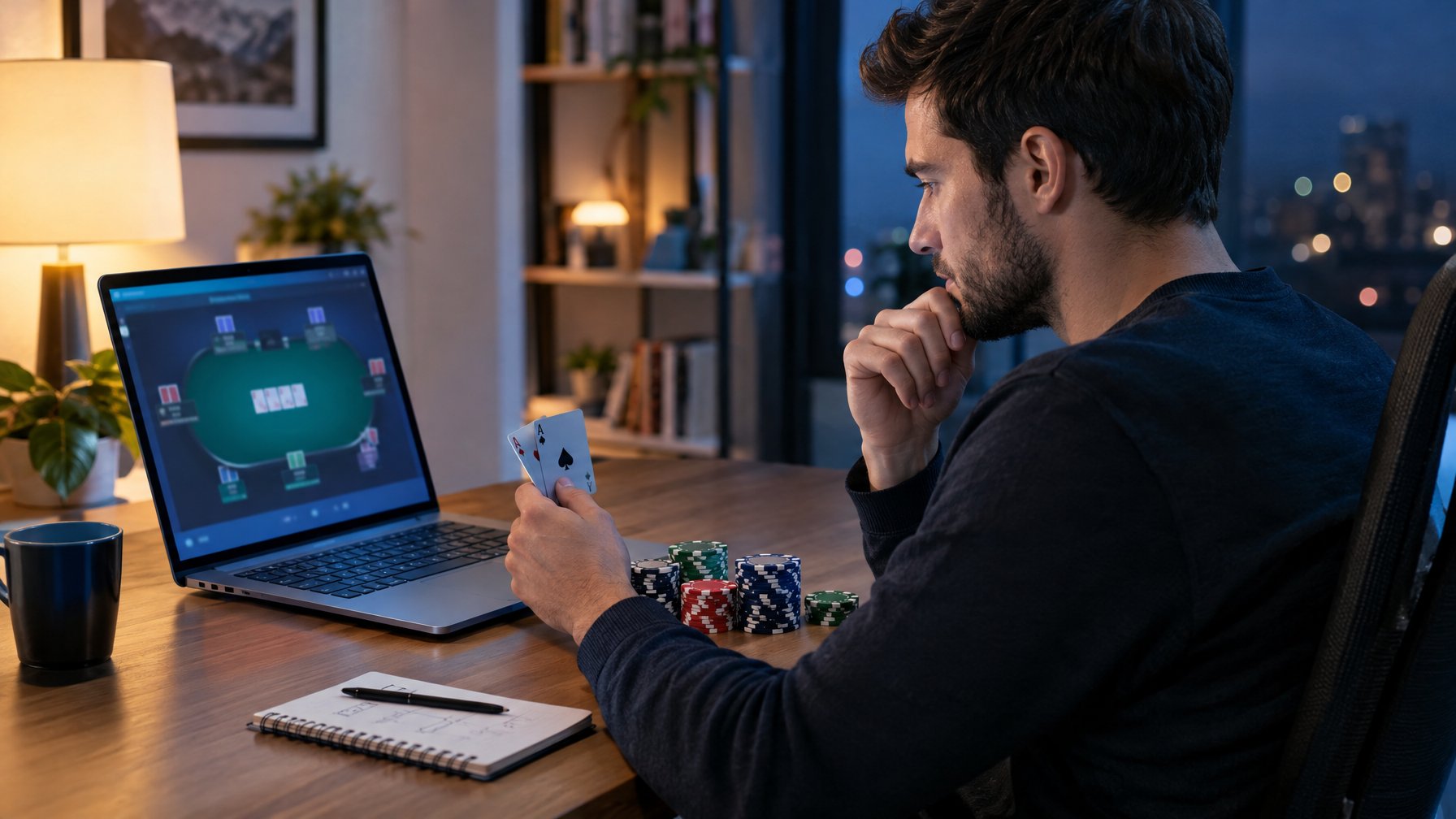 Seorang pemain poker mempelajari kartu dan keping poker di depan laptop.