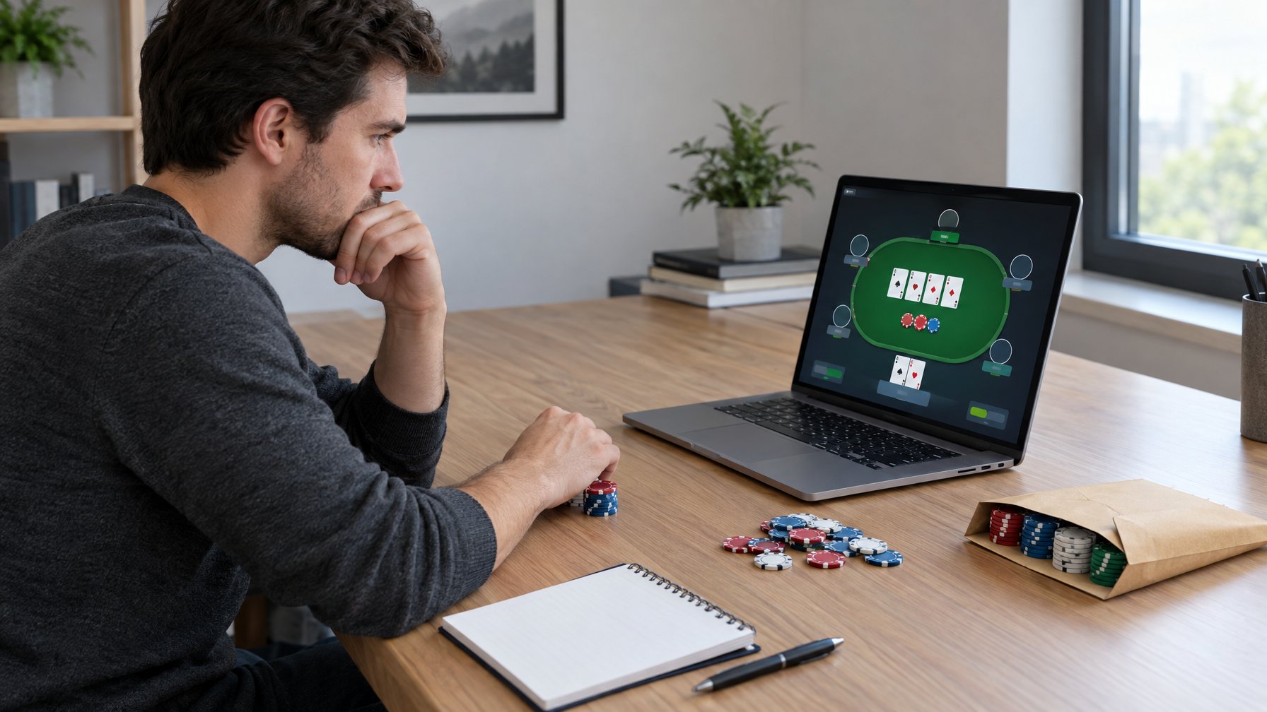 Seorang pemain poker menatap laptop dengan tumpukan chip yang menipis di atas meja.