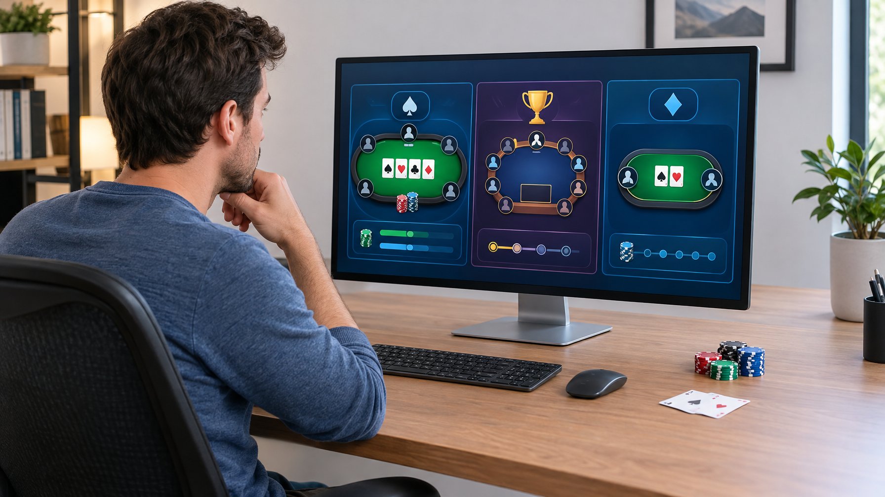Seorang pemain poker membandingkan beberapa pilihan permainan di depan komputer.