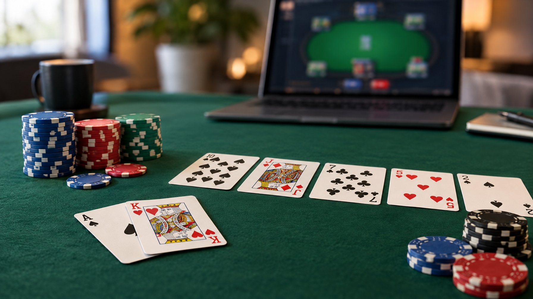 Kartu dan keping poker tersusun di atas meja hijau, dengan laptop di latar belakang.