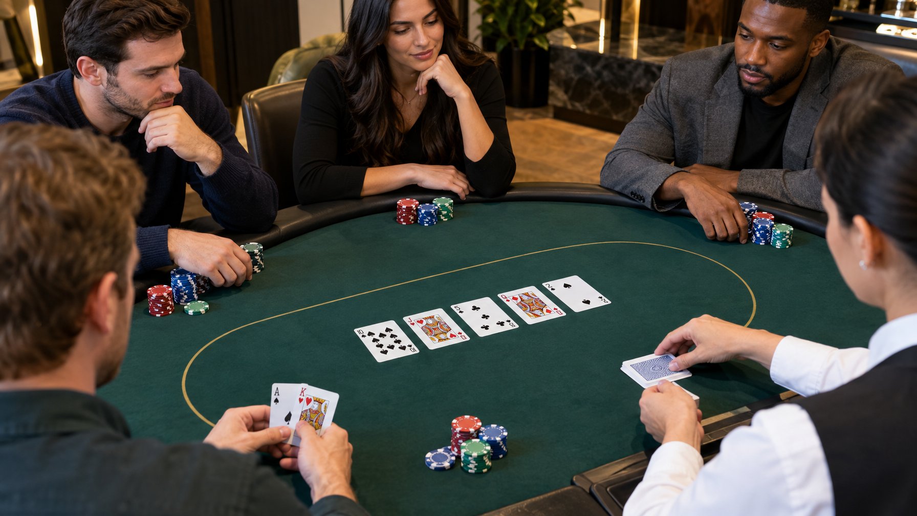 Pemain berkumpul di meja poker dengan kartu komunitas dan keping taruhan.