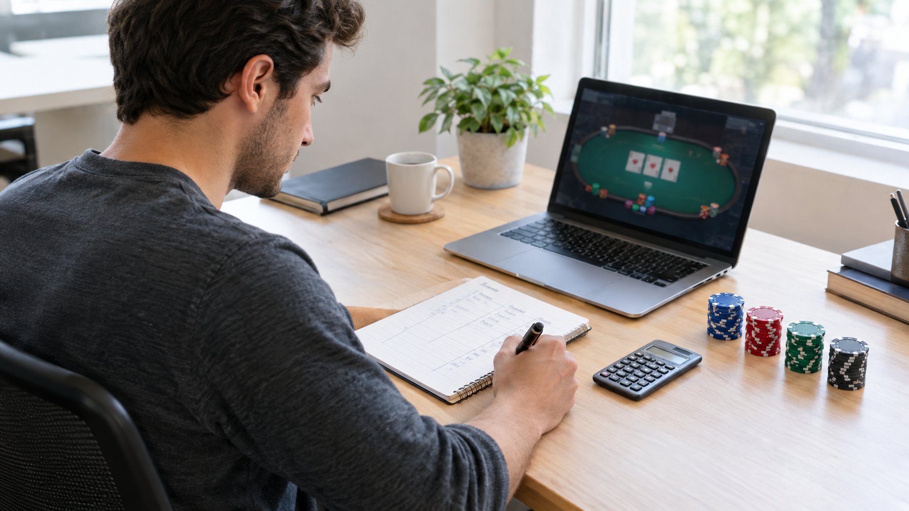 Seseorang mencatat anggaran sambil melihat permainan poker di laptop, dengan kalkulator dan keping poker di meja.