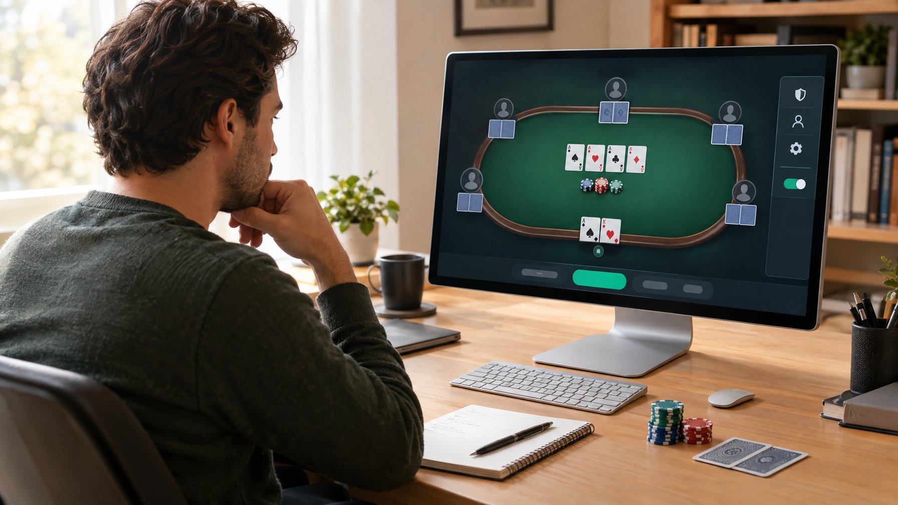 Seseorang meninjau permainan poker daring di komputer dengan kartu dan keping poker di meja.