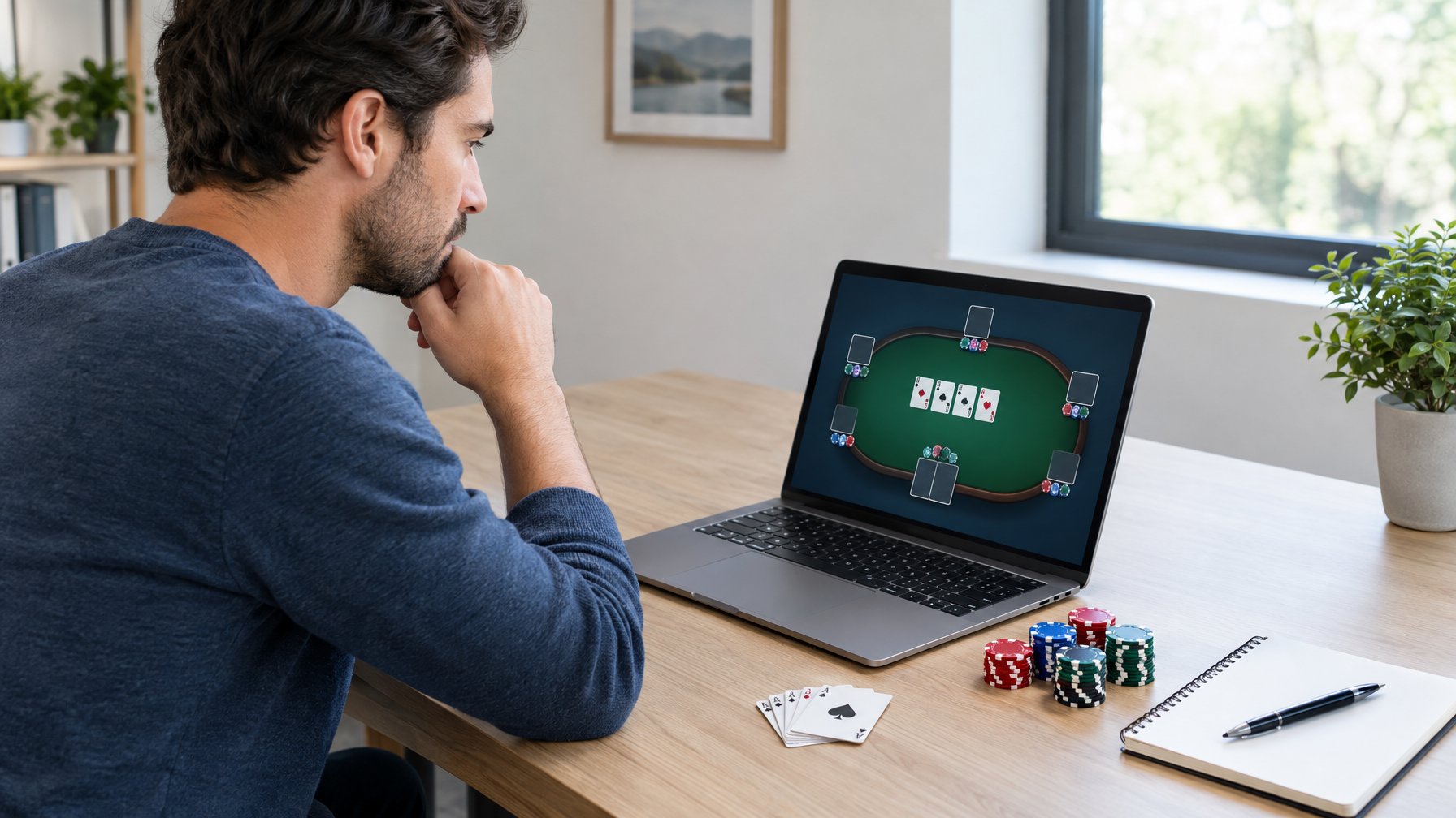 Seorang pemain mempelajari permainan poker di laptop dengan kartu dan keping poker di meja.