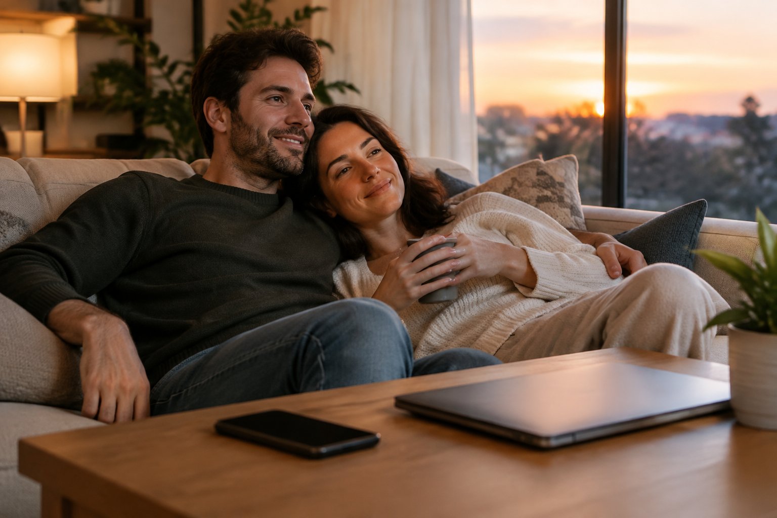 Una persona disfruta de un momento tranquilo en casa mientras su teléfono y su computadora permanecen apartados.