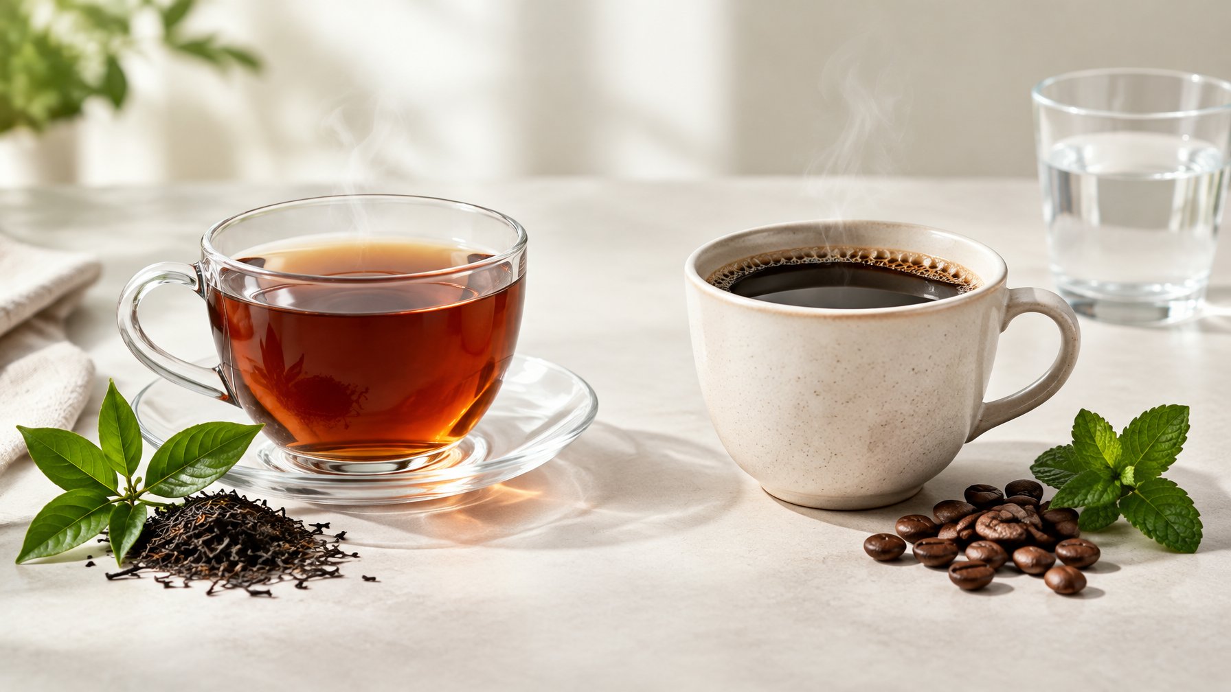 A glass of black tea and a cup of coffee sit side by side with tea leaves and coffee beans.