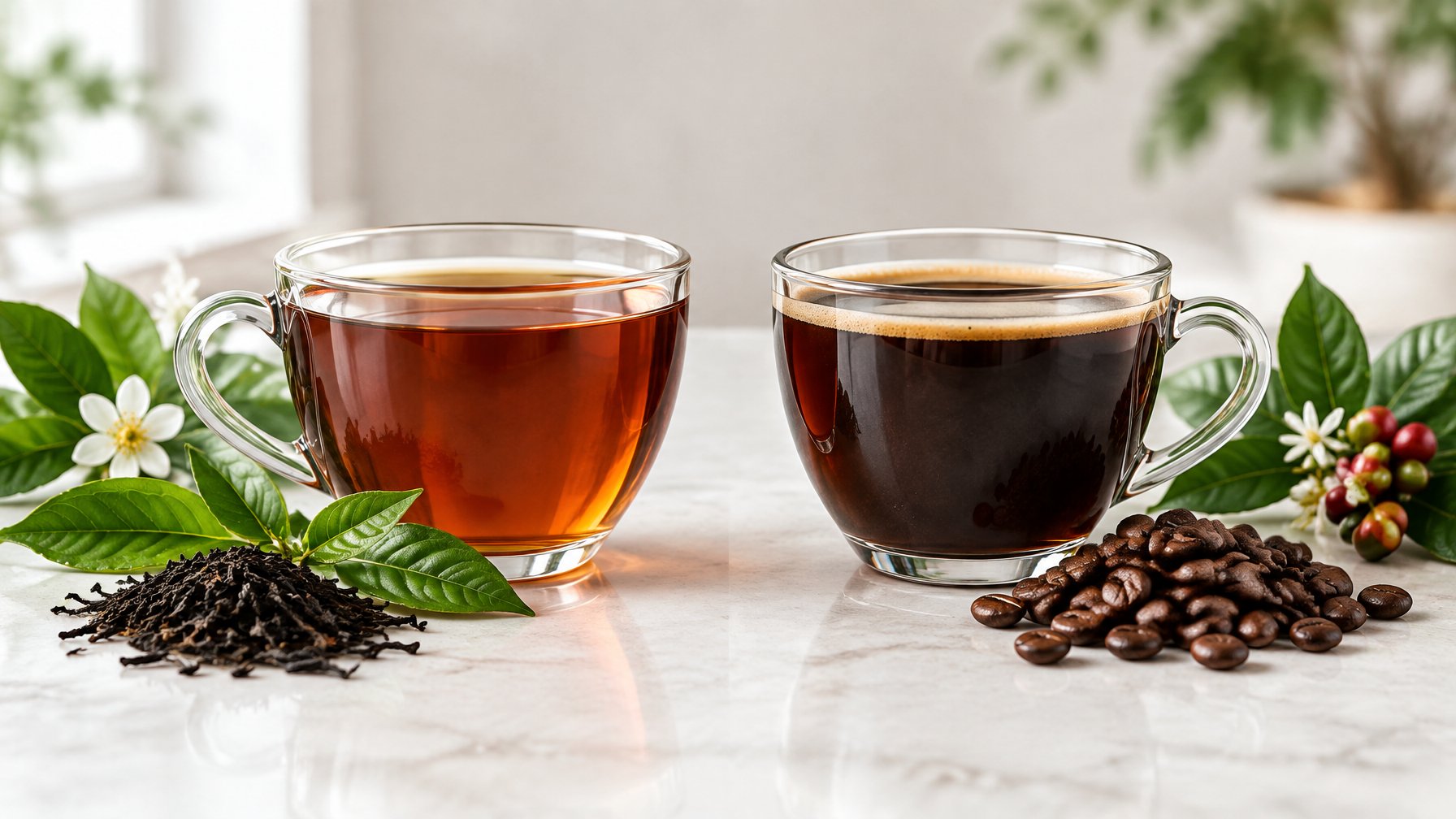 A glass of black tea and a cup of coffee sit beside tea leaves and coffee beans.
