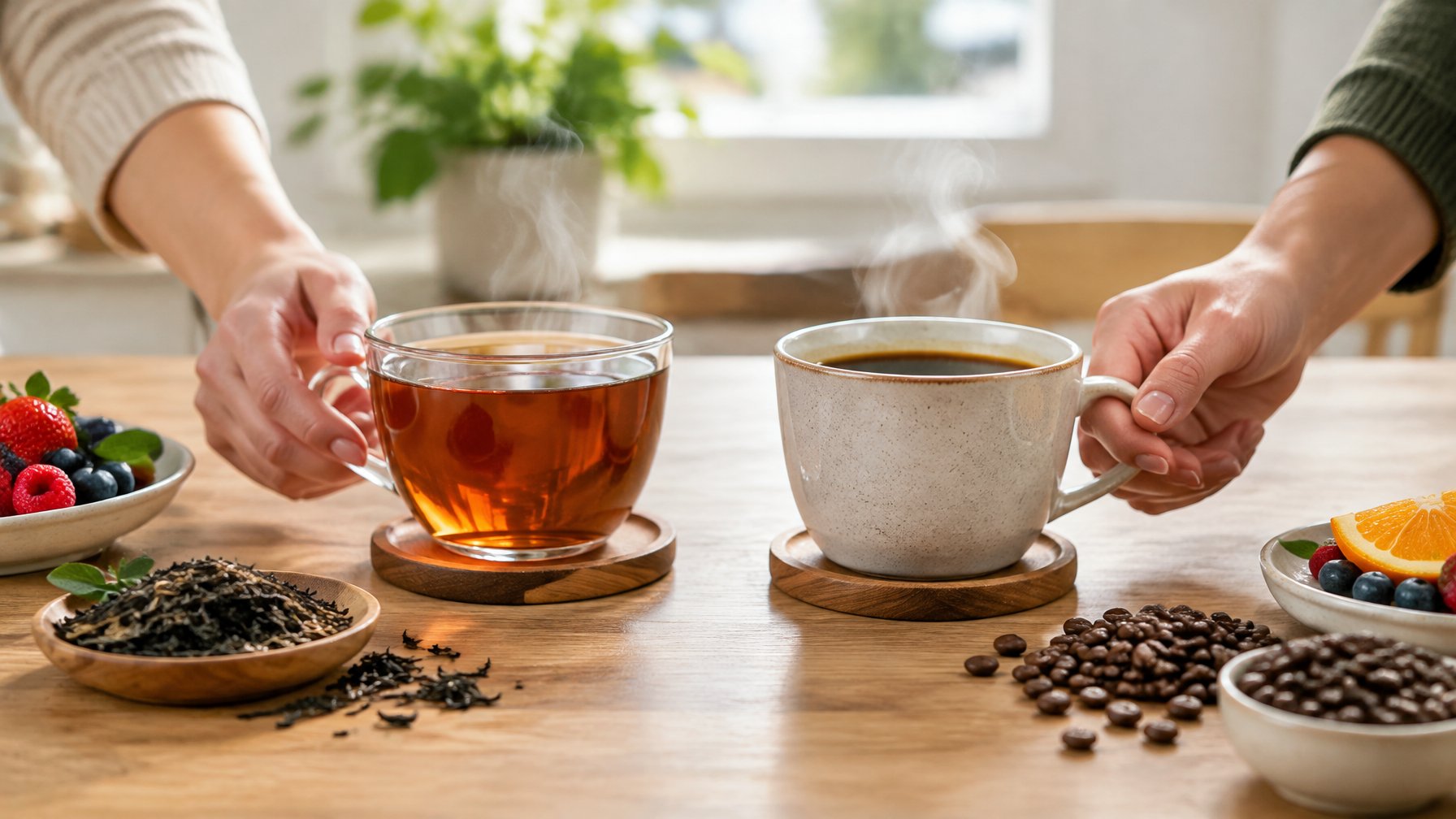 A glass of black tea and a cup of coffee sit side by side on a wooden table.