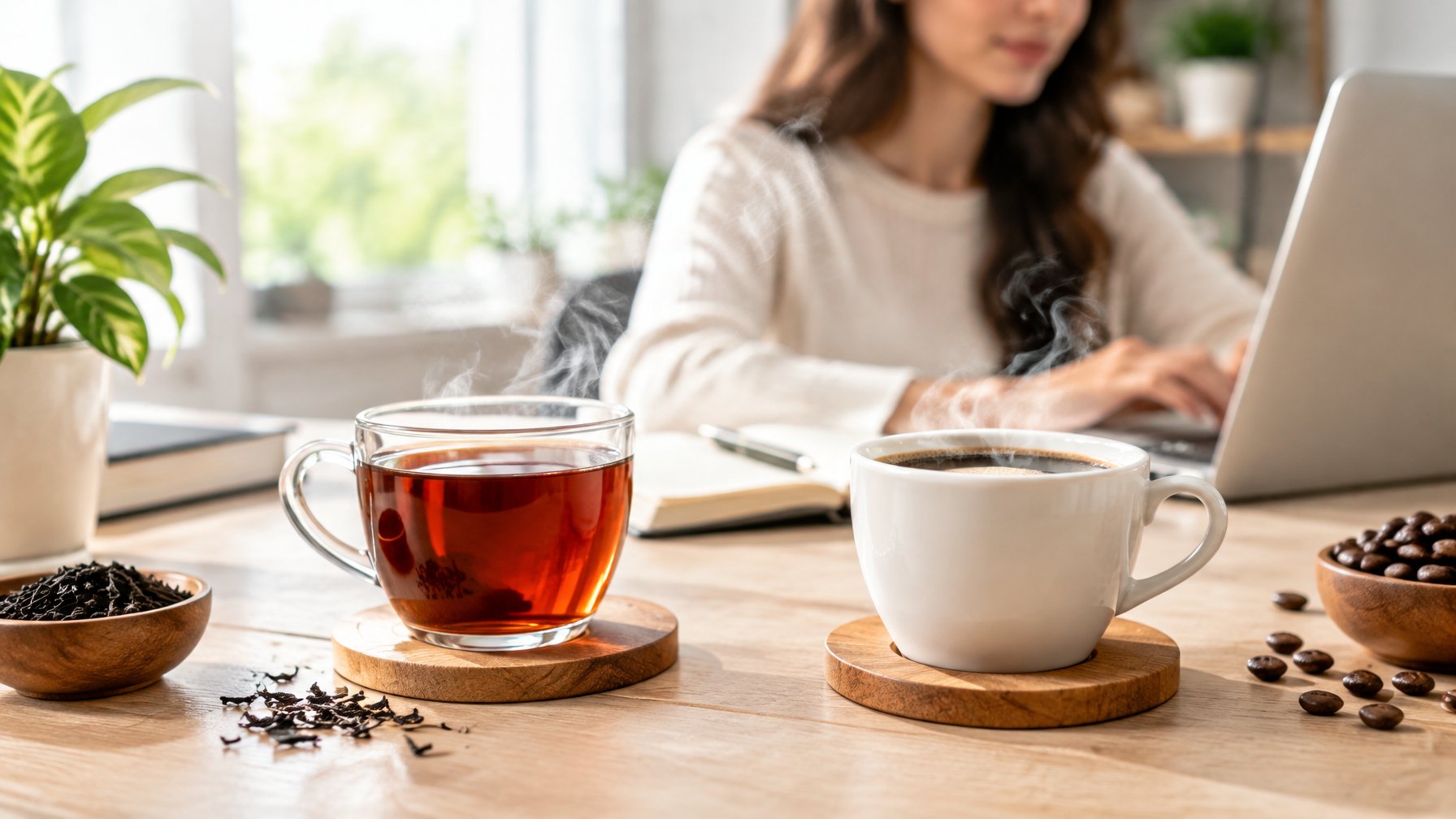 A cup of black tea and a cup of coffee sit beside a notebook on a desk.