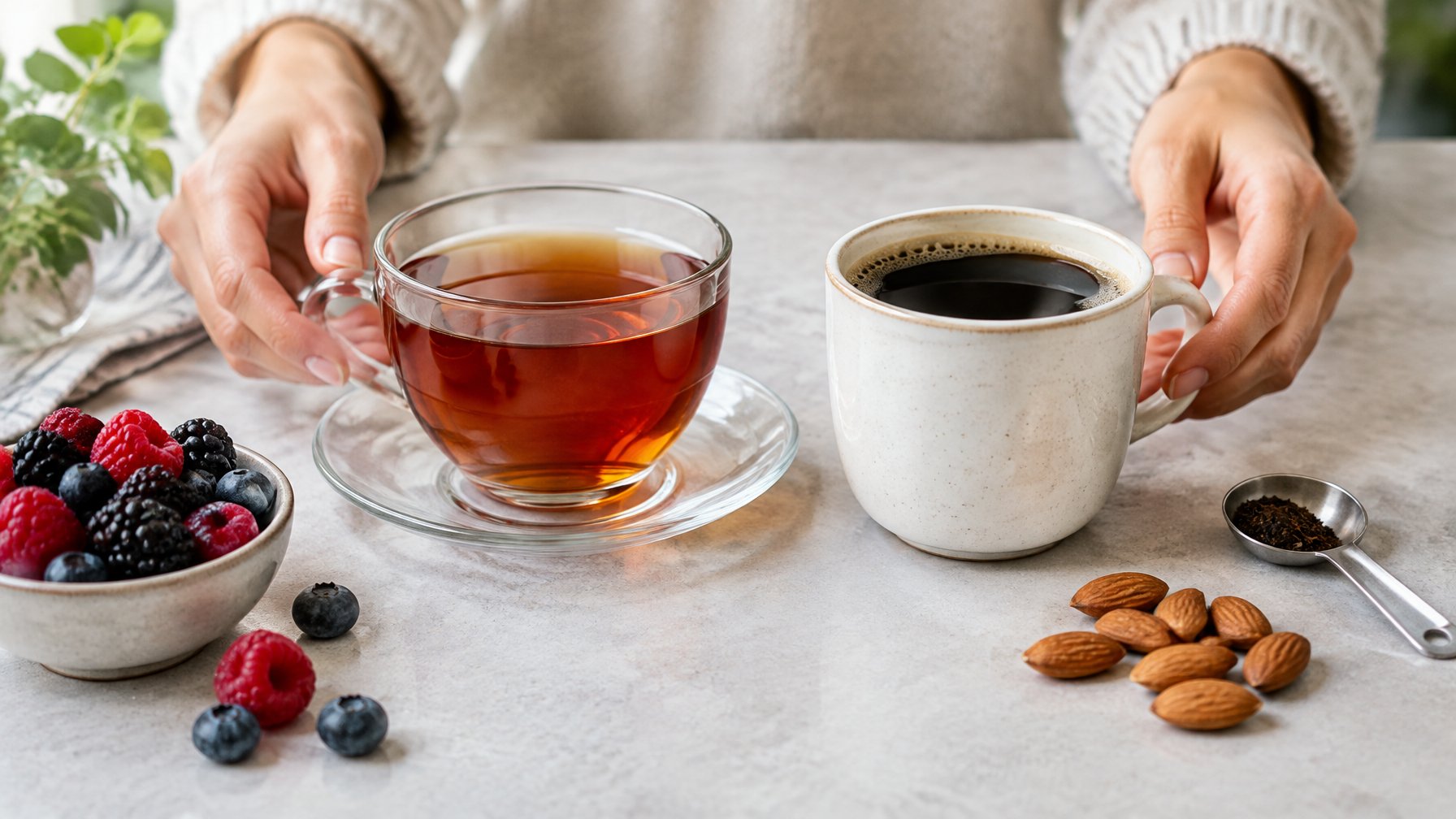 A glass of black tea and a cup of coffee sit beside a small bowl of berries and almonds.