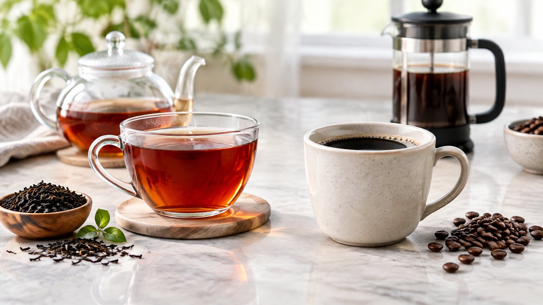 A cup of black tea and a cup of coffee sit side by side on a table.