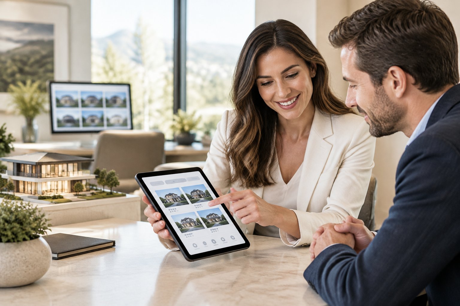 SEO Real Estate Wagon vs. Luxury Presence: Websites in 2026 - 2027 A real estate agent and a homebuyer review property listings on a tablet in an office.