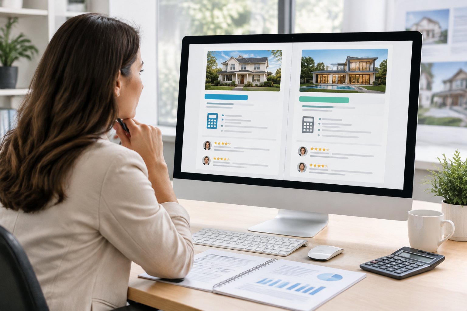 SEO Real Estate Wagon vs. Luxury Presence: Websites in 2026 - 2027 A real estate agent compares website options on a monitor beside pricing papers and customer rating symbols.