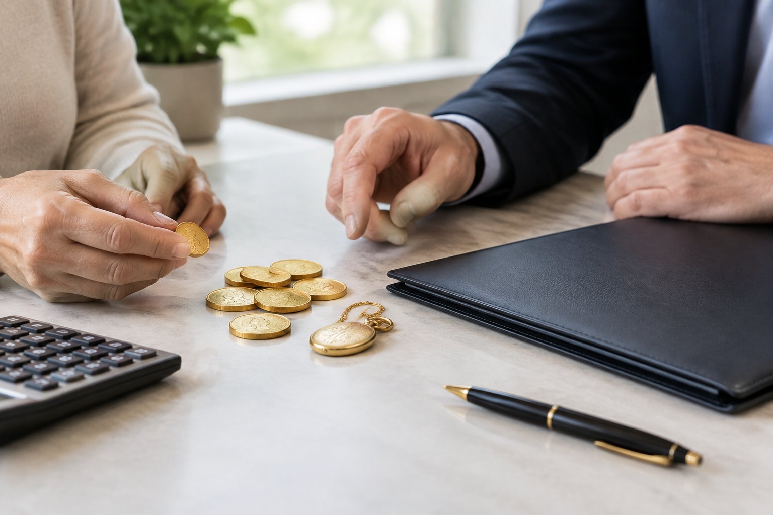 Two people review inherited gold coins and an heirloom beside estate-planning papers.