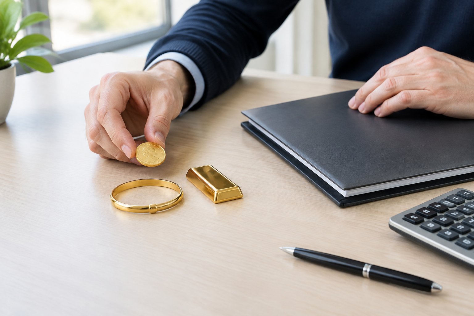 A person reviews inherited gold items beside tax documents and a calculator.