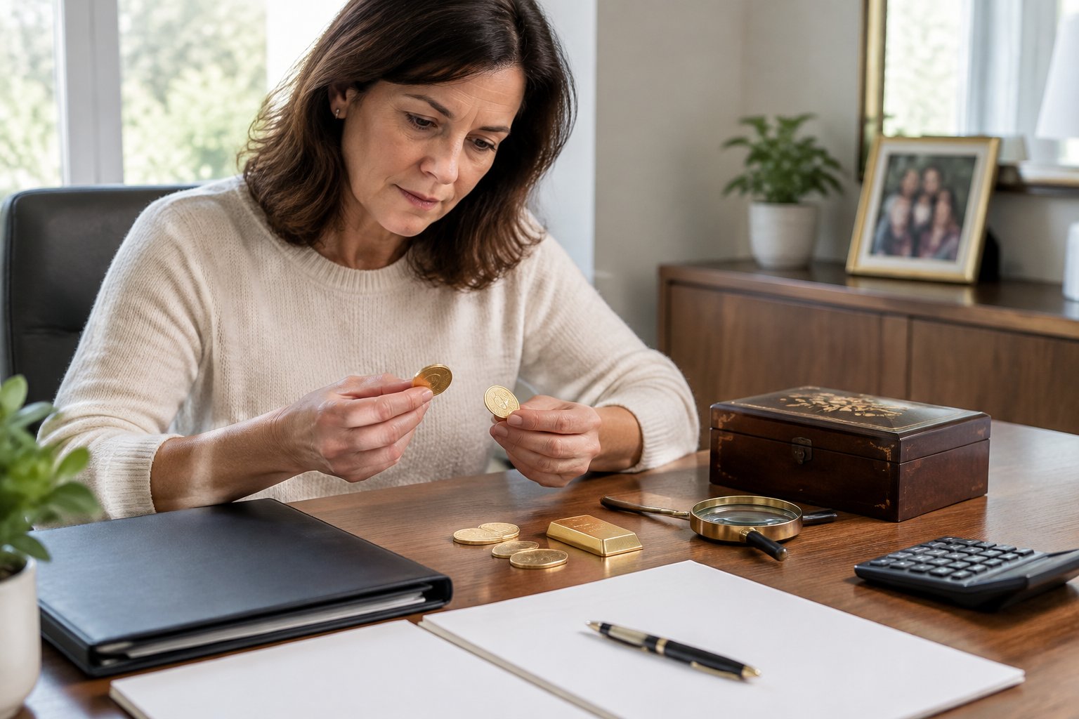 An heir examines gold coins and a gold bar alongside paperwork at a desk.