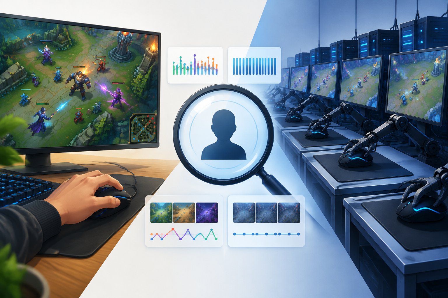 A human gamer and automated gaming stations are compared through a magnifying glass.