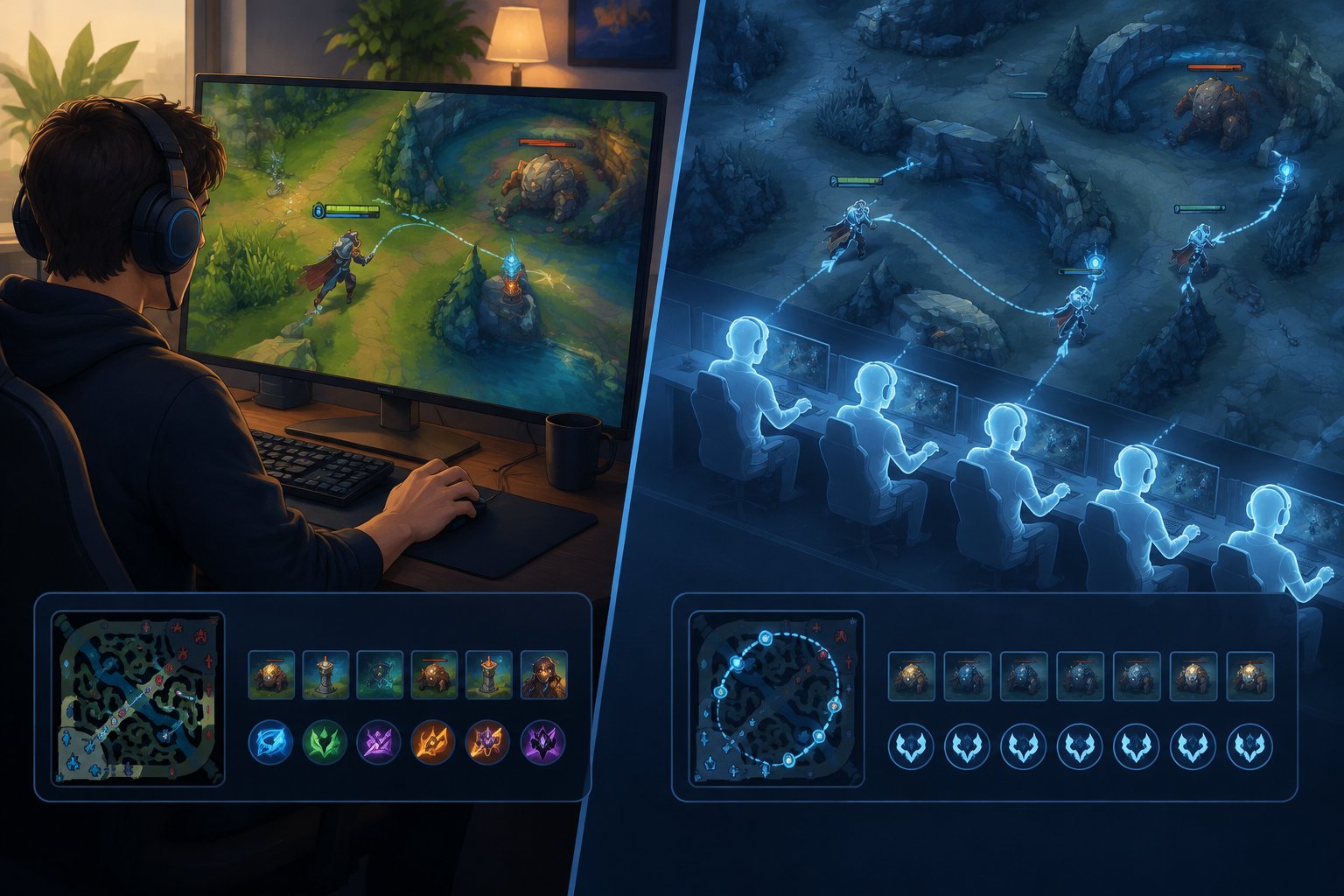 A human player guides a character along a varied path while identical automated characters repeat the same route.